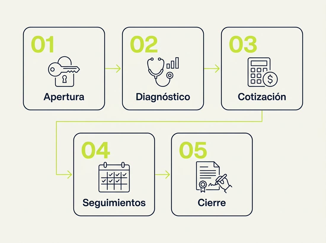 Diagrama del proceso de ventas lavendi.mx: apertura, diagnóstico, cotización, seguimientos y cierre