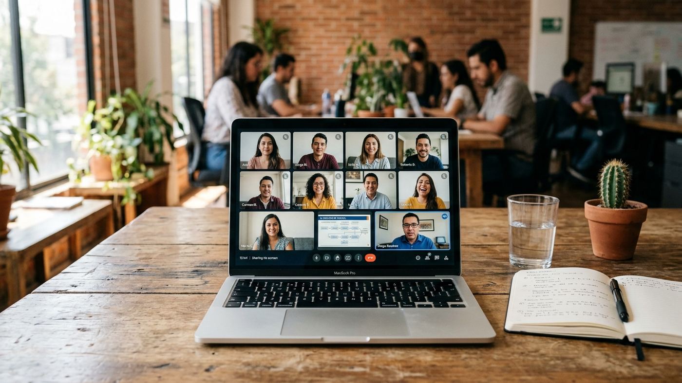 Sesión en línea del taller: el instructor frente a la laptop con participantes hispanos conectados en videollamada