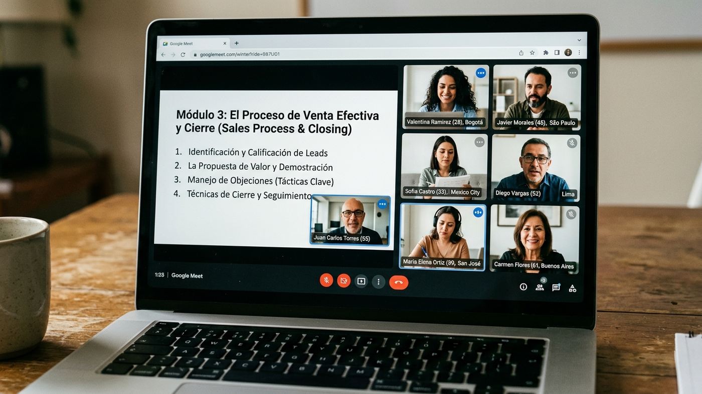 Participantes hispanos conectados en la videollamada del curso taller de ventas en línea