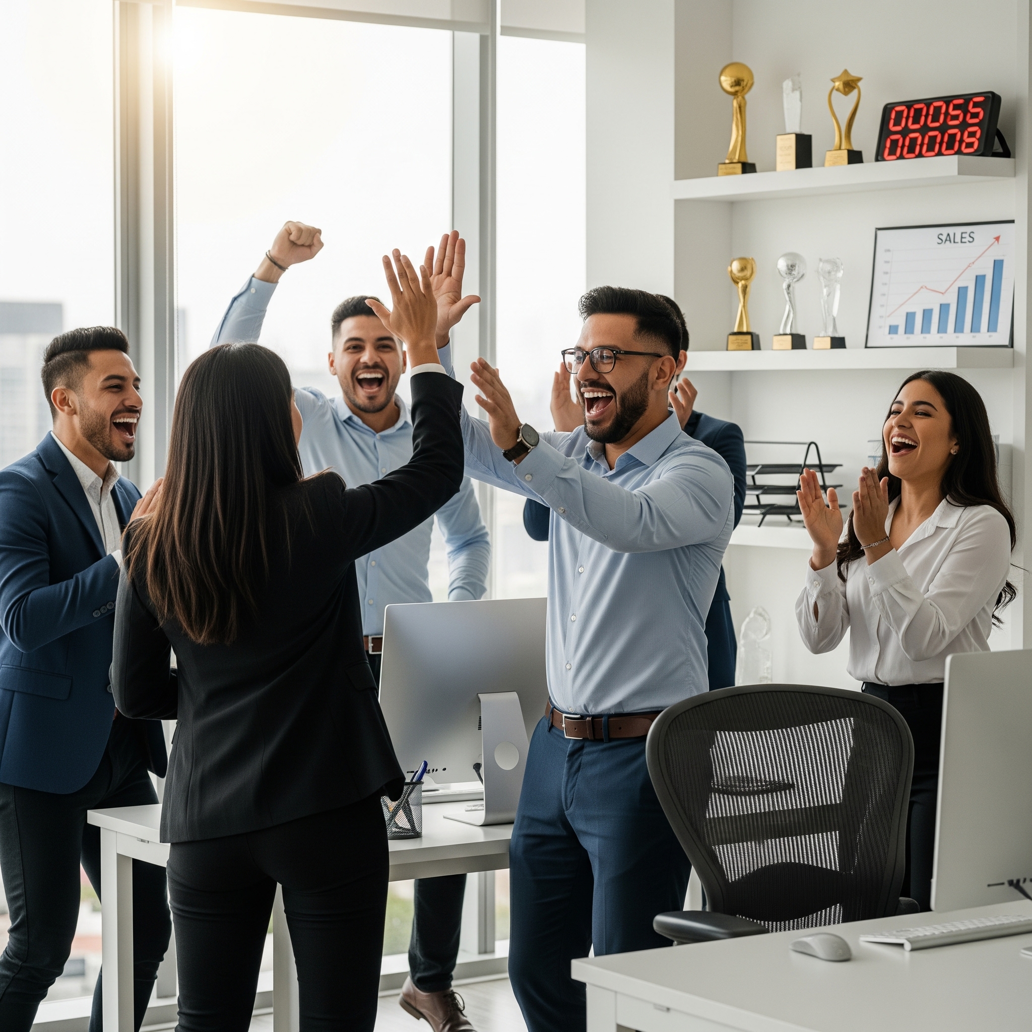 Equipo de ventas B2B celebrando cierres exitosos tras aplicar nuevas técnicas