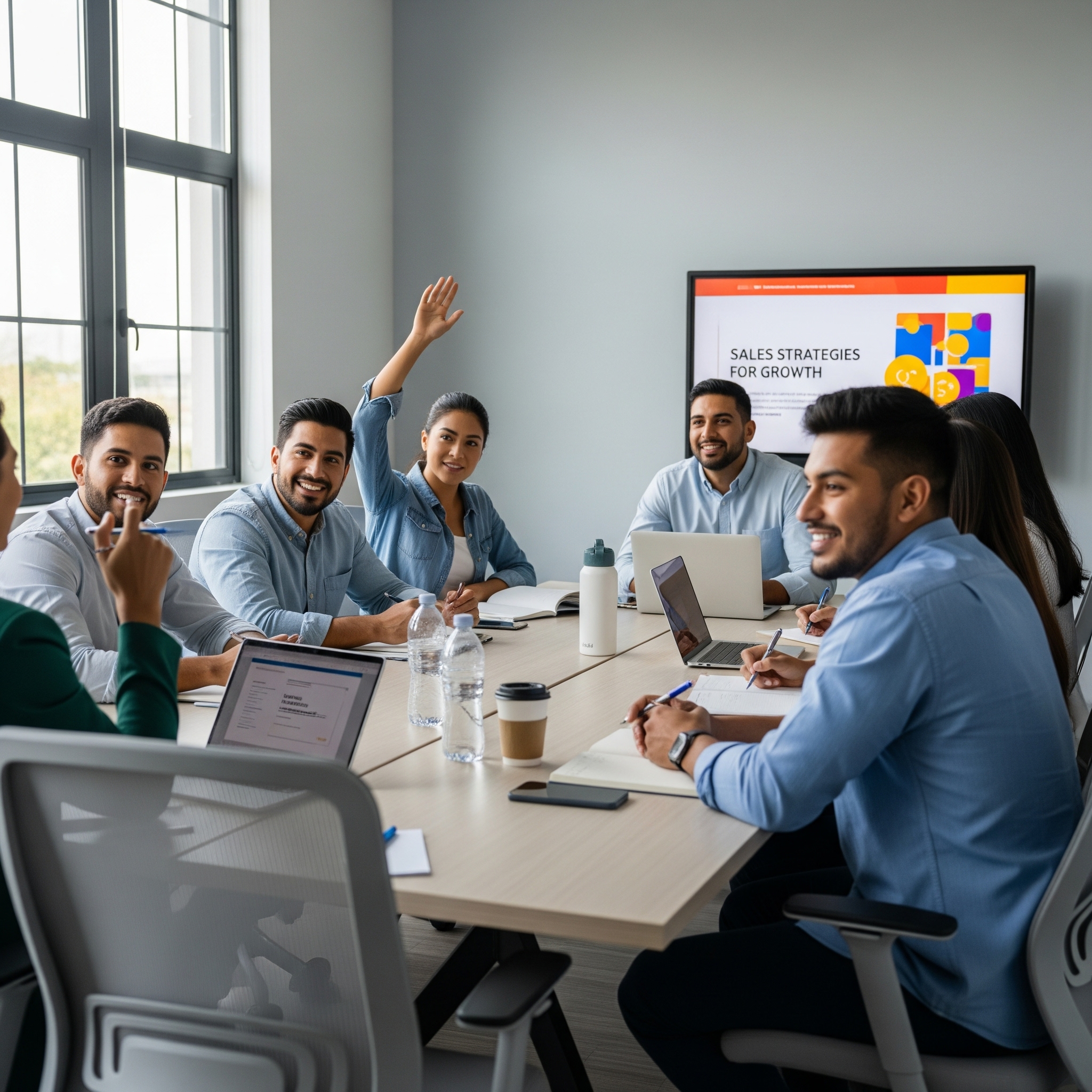 Equipo de ventas latino aprendiendo técnicas de cierre B2B en sesión grupal