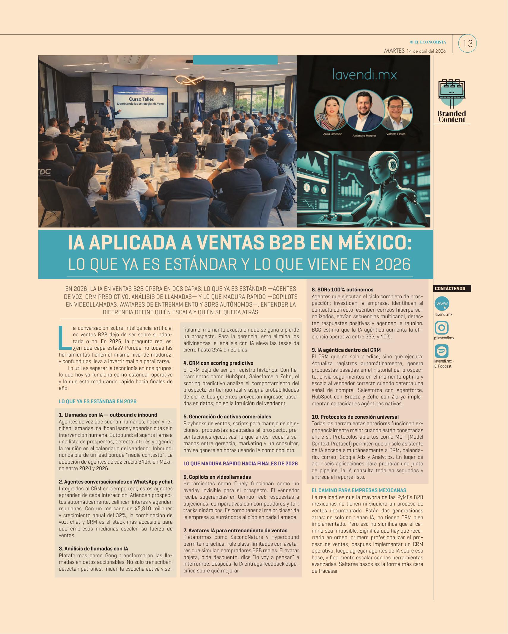 Artículo de lavendi.mx publicado en El Economista de México página 13 sobre IA aplicada a ventas B2B — click para ver PDF